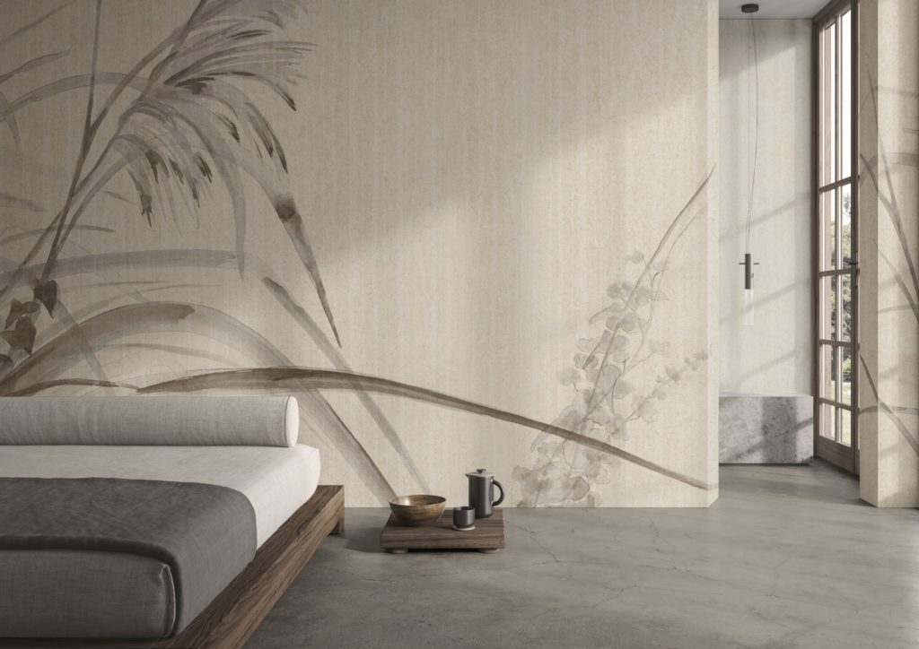 Komorebi design with drooping water plants behind bed