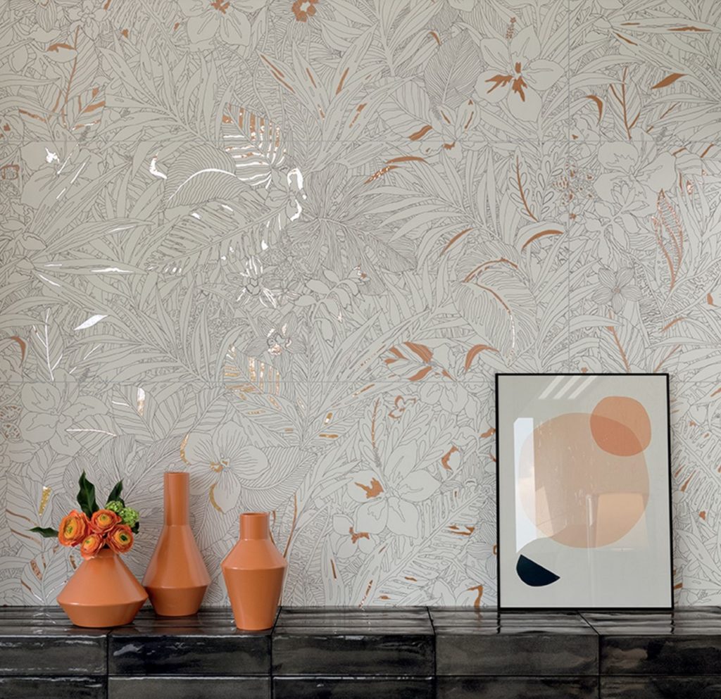Mirabilia porcelain tiles dense floral pattern in white with peach highlights and silver gilding 