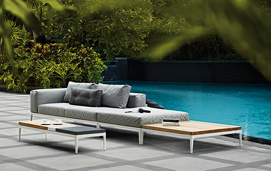 outdoor, Gloster, Grid, teak, outdoor upholstery, aluminum, tables, seating, sofa, lounge seating,