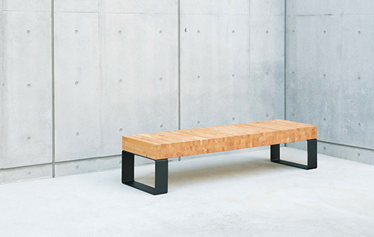 bench, laminated wood, iron base, wooden seat, green, sustainable, seating, Any Tokyo, Layered Wood, Fumie Shibata, Sakai Sangyo