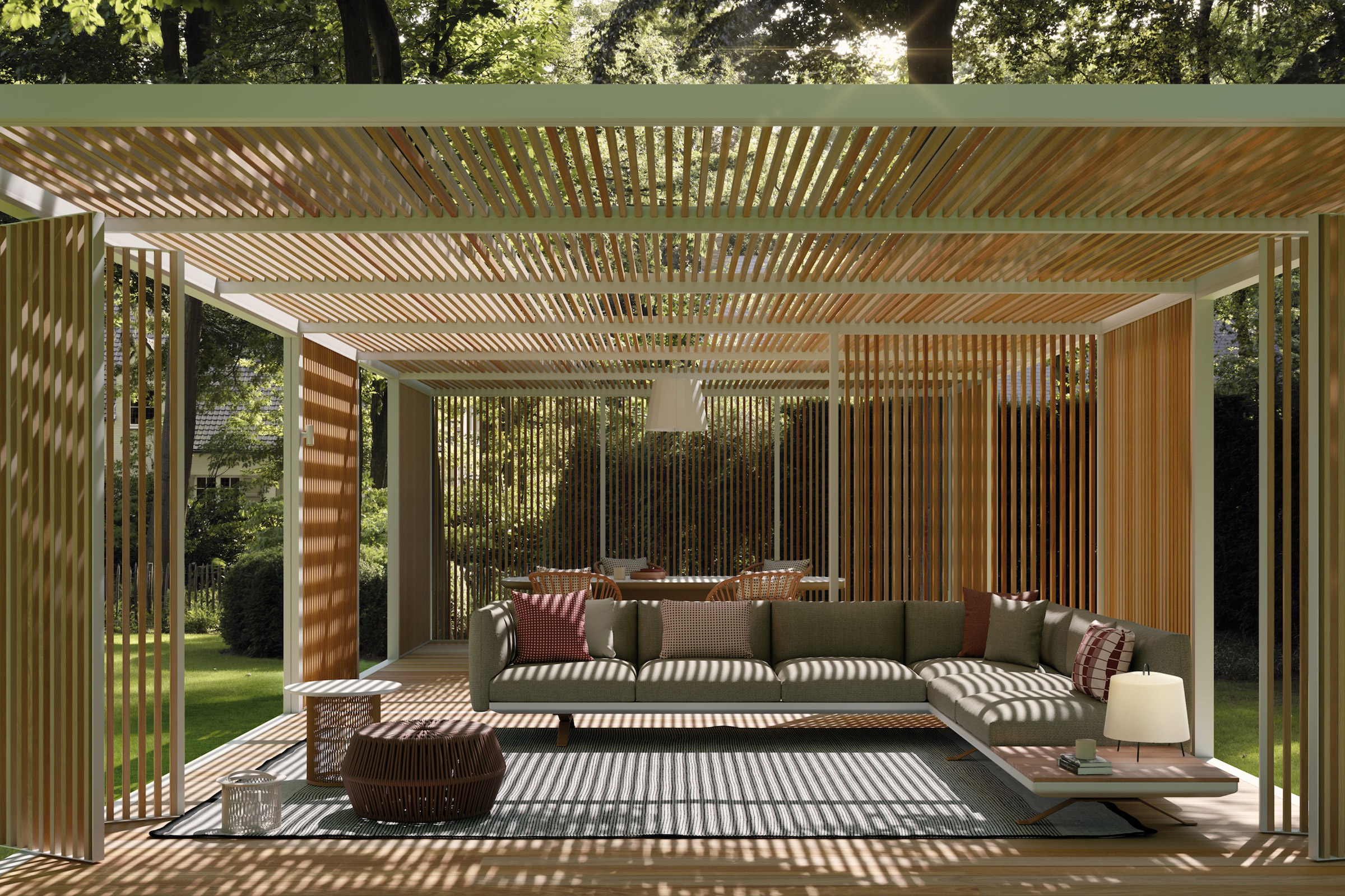 large outdoor pergola with slats to allow sunlight