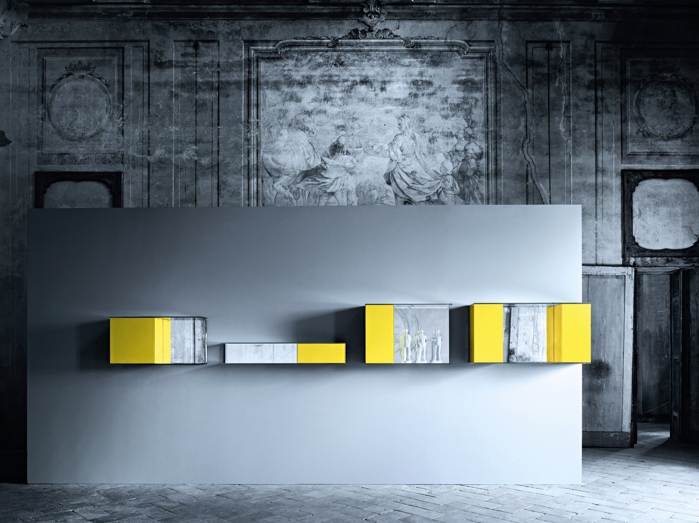 Patrick Norguet Float Wall Storage cabinet four elements yellow and transparent