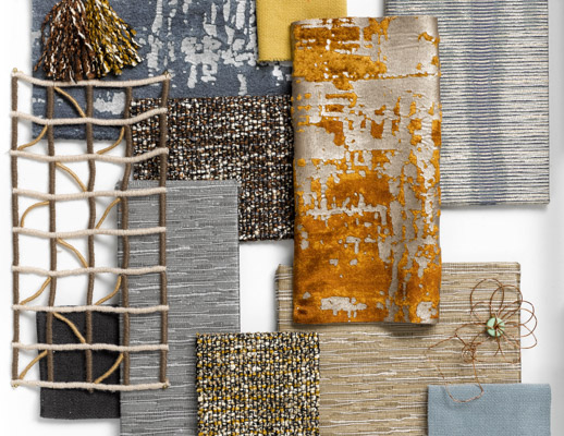 designer fabric swatches in gold and silver hues