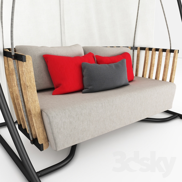 detail of outdoor swing with upholstered cushions and teak slats