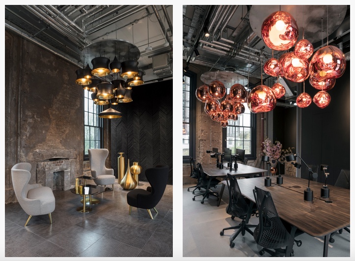 black metal suspension lamps with gold interior and melting copper suspension lamps
