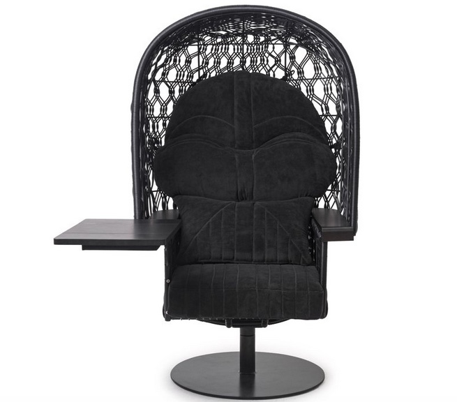 tall woven armchair with foldable table and woven canopy inspired by Darth Vader