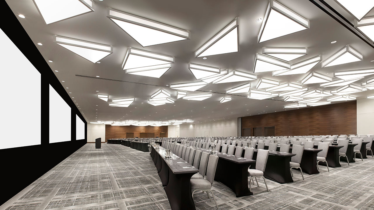 Xtra Light Triangular Ballroom Fixtures on ceiling of LAX Hyatt Grand Ballroom side view