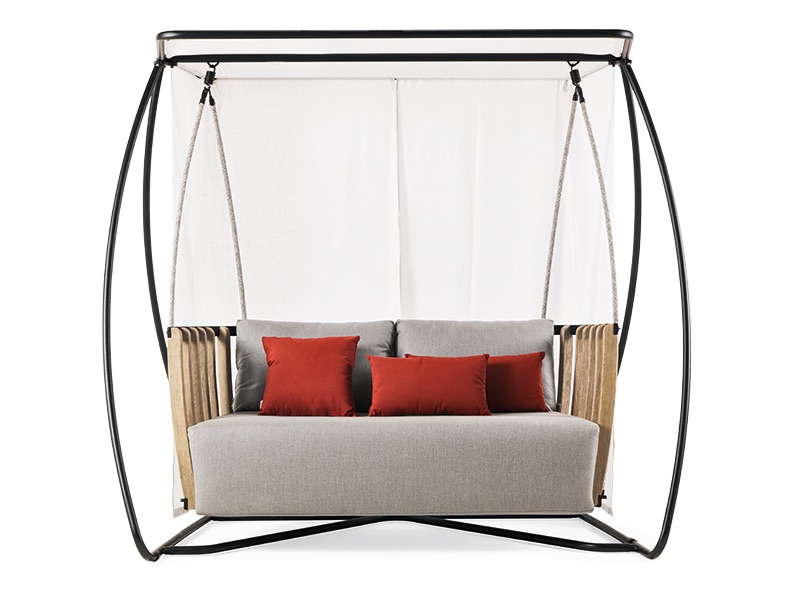 front view of outdoor swing with black metal frame and fabric canopy