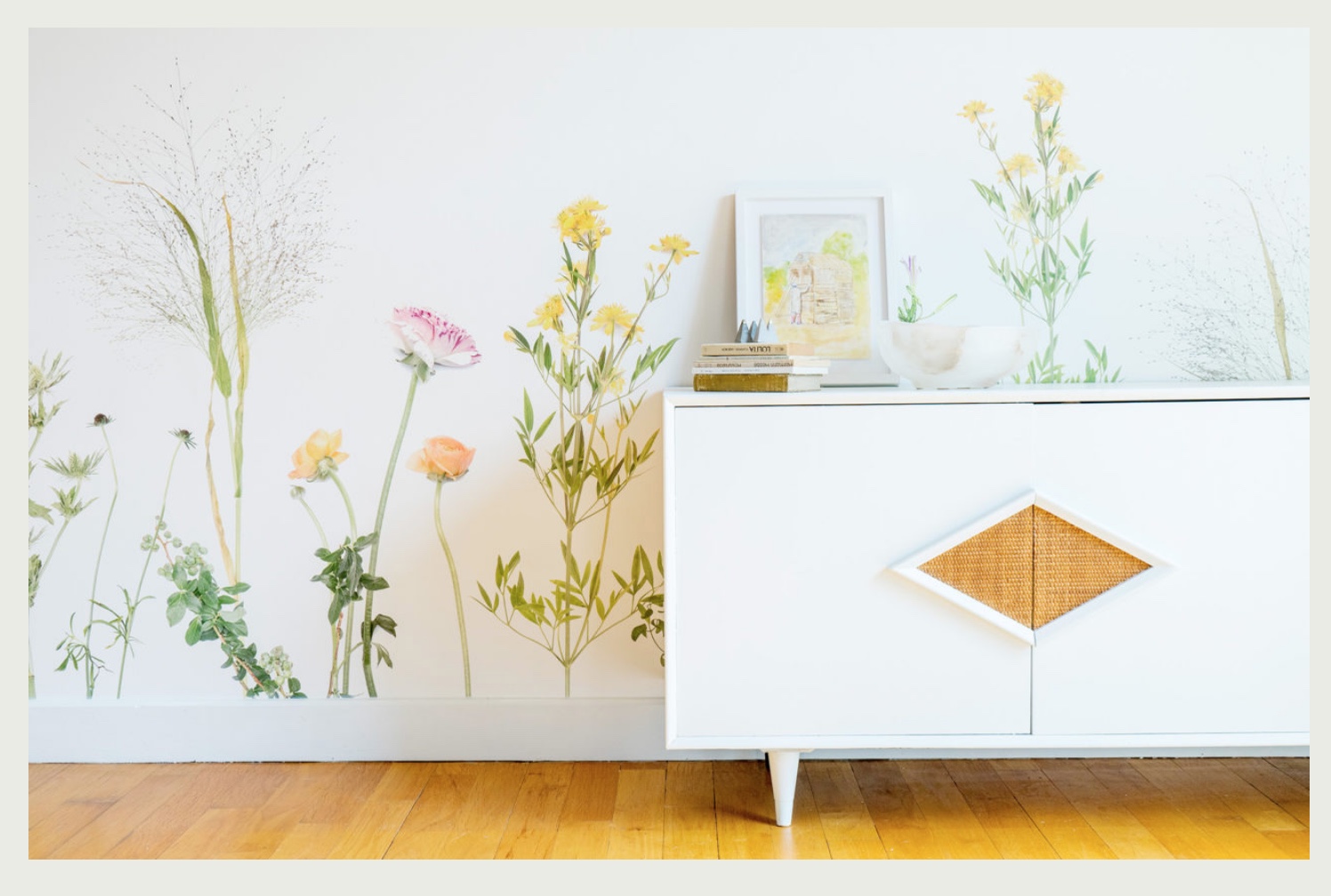 Calico Wallpaper Flora pattern with white bureau in front