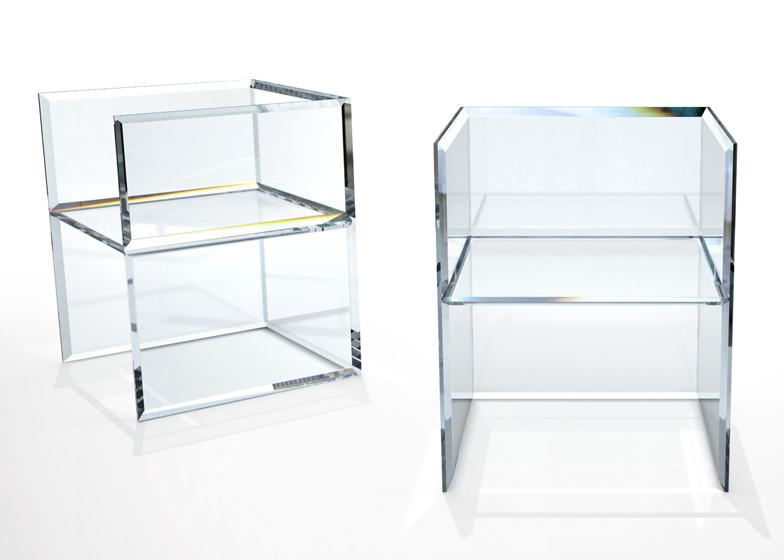 Tokujin Yoshioka two Prism Chairs on white background one front view one side view