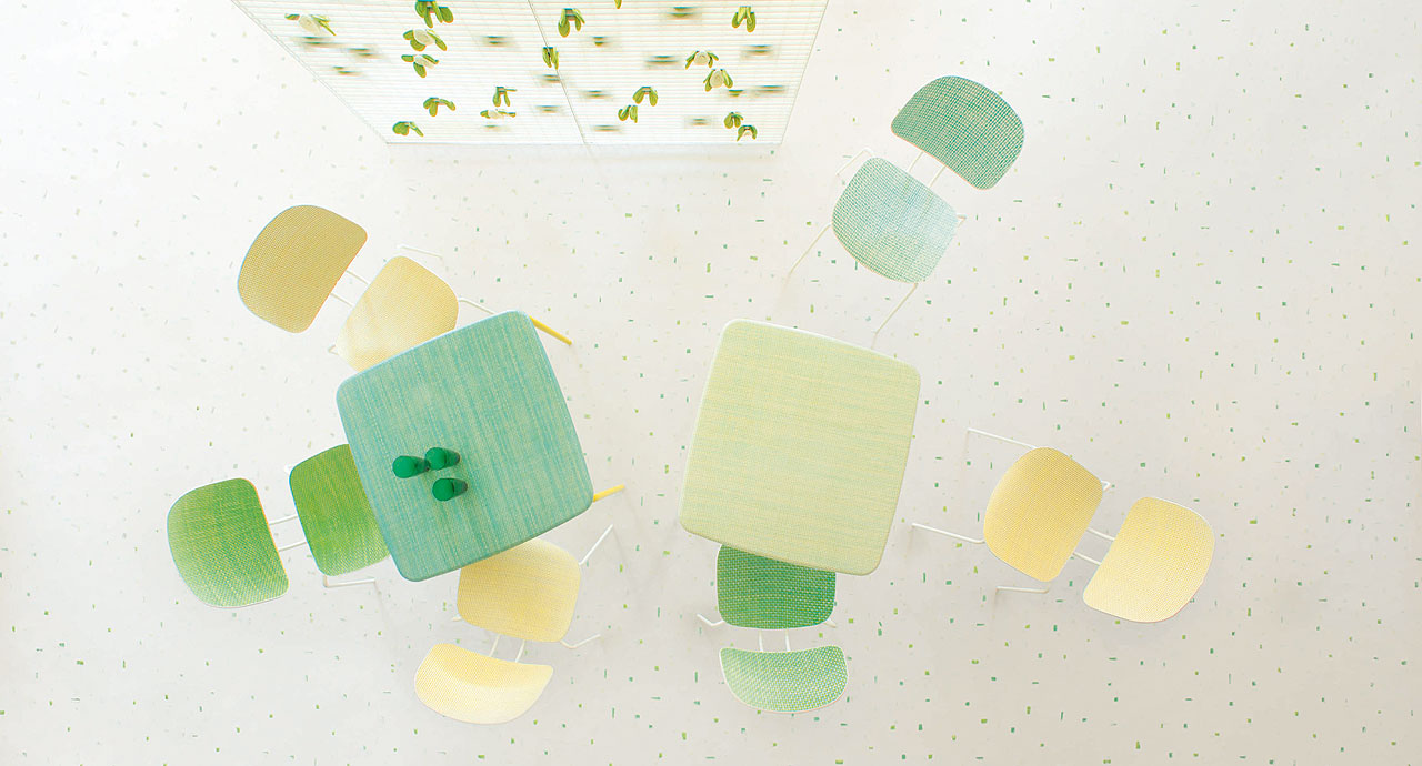 Paola Lenti Lido Collection overhead view, green, yellow, white