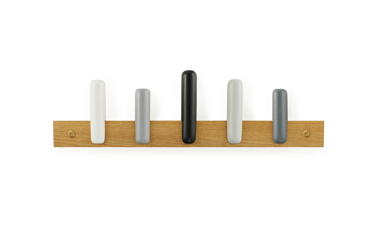 oak coat rack with gray and black pegs