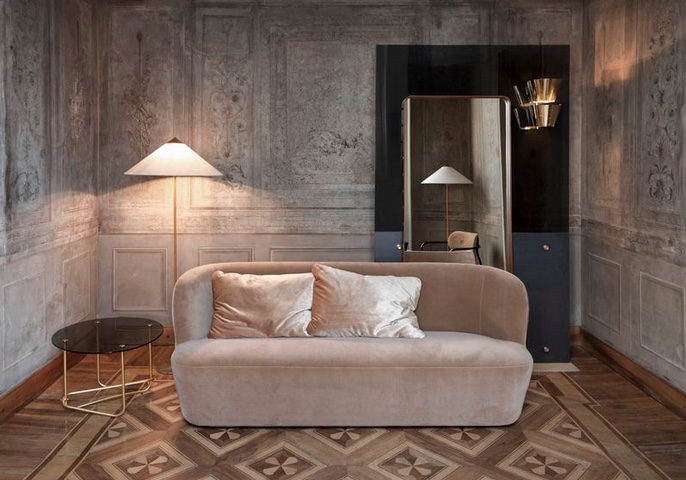 beige organic sofa upholstered in velvet