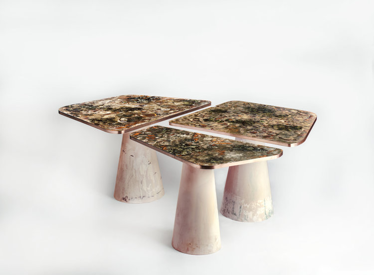 three jesmonite tables with fungal tops