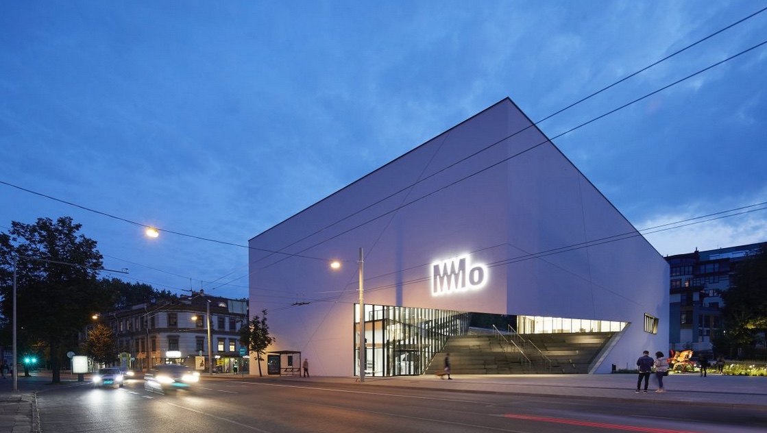 exterior of MO Museum at night