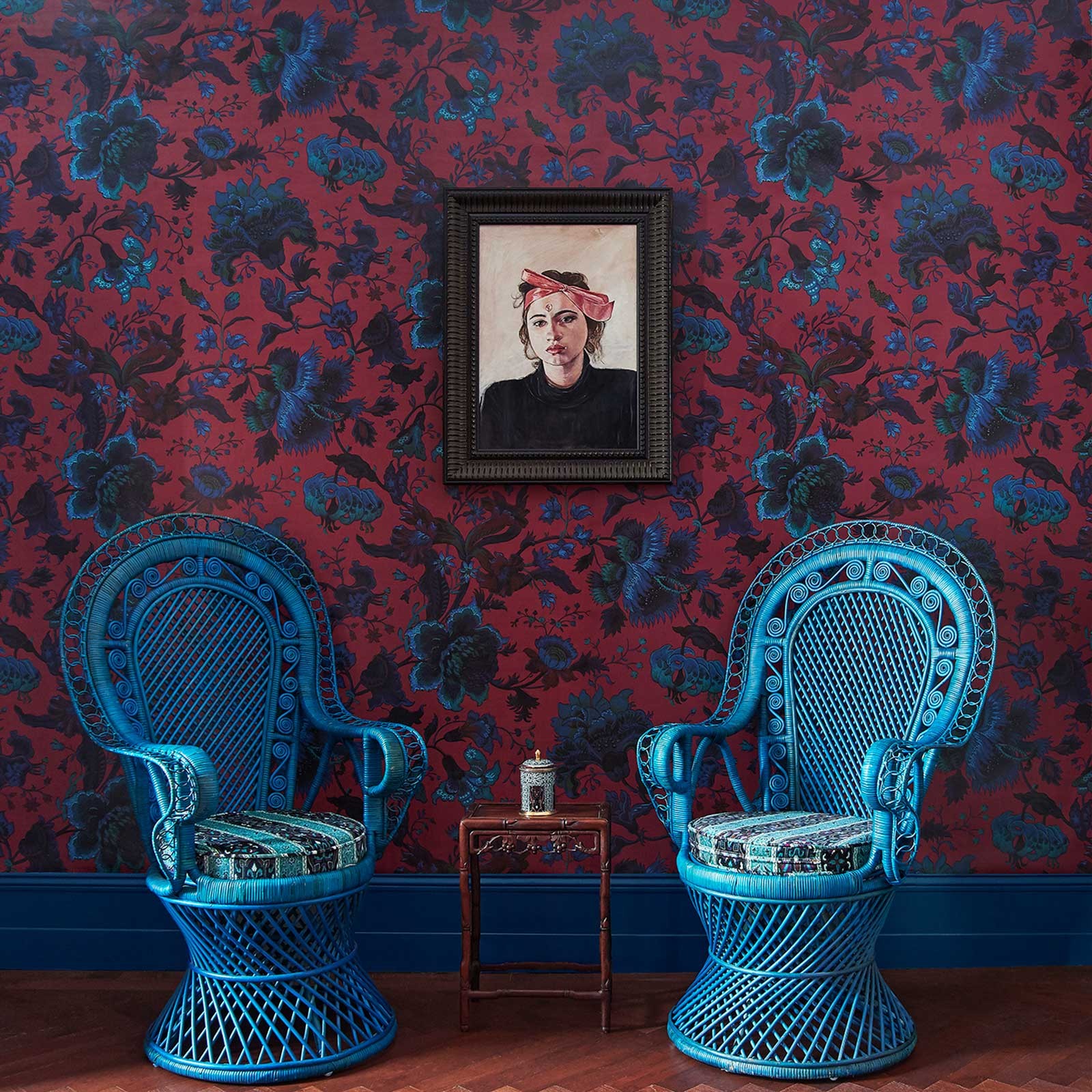 House of Hackney's Majorelle Wallpaper viola/pink in room with two chairs