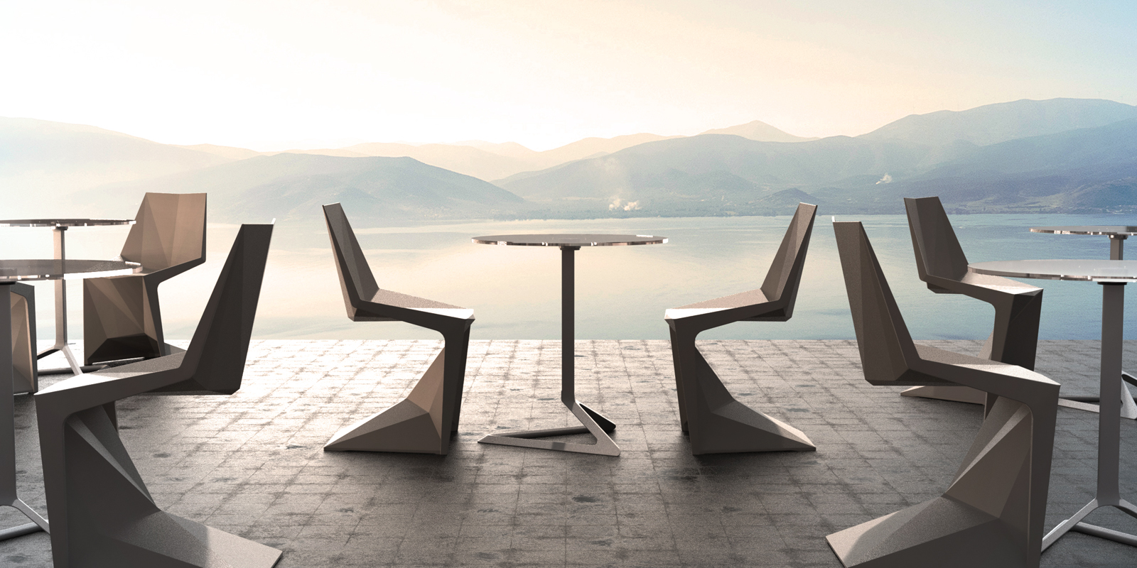outdoor deck with mountains in background and designer polypropylene furniture