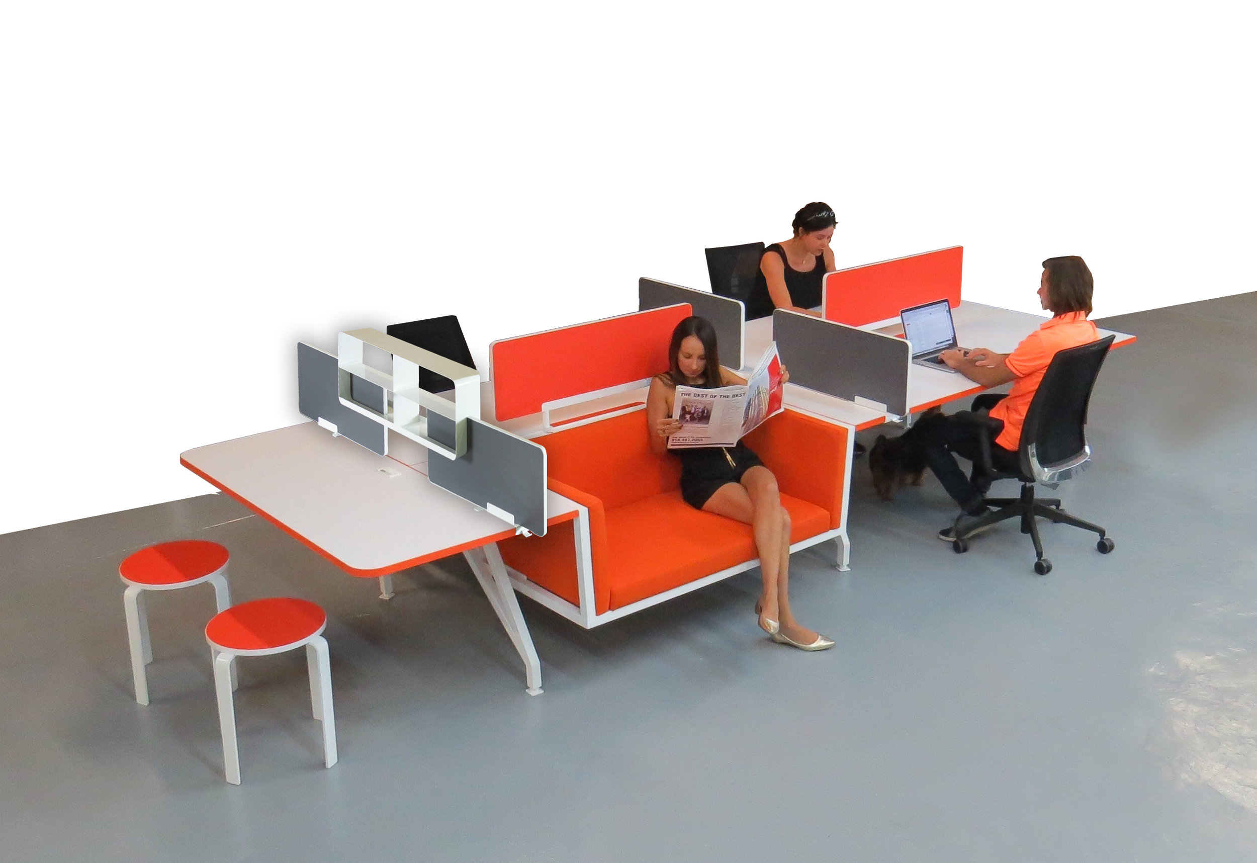 G-Series Workstation with workers and woman sitting in lounge white and orange