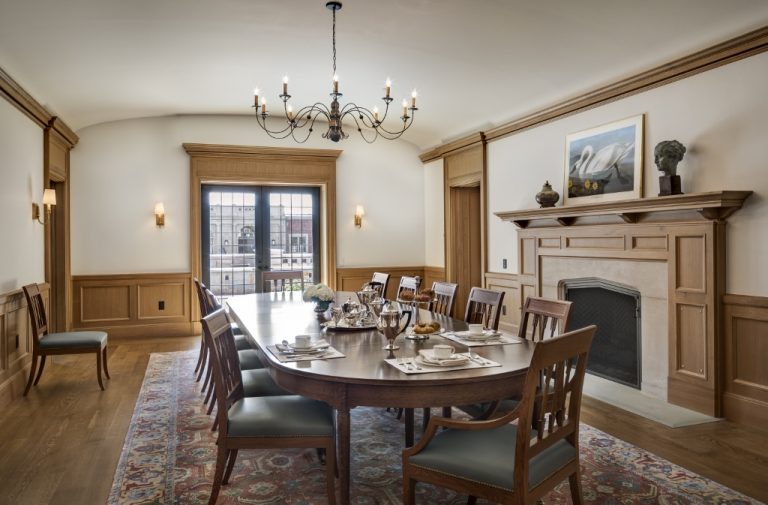 traditional dining room with oak wood flooring