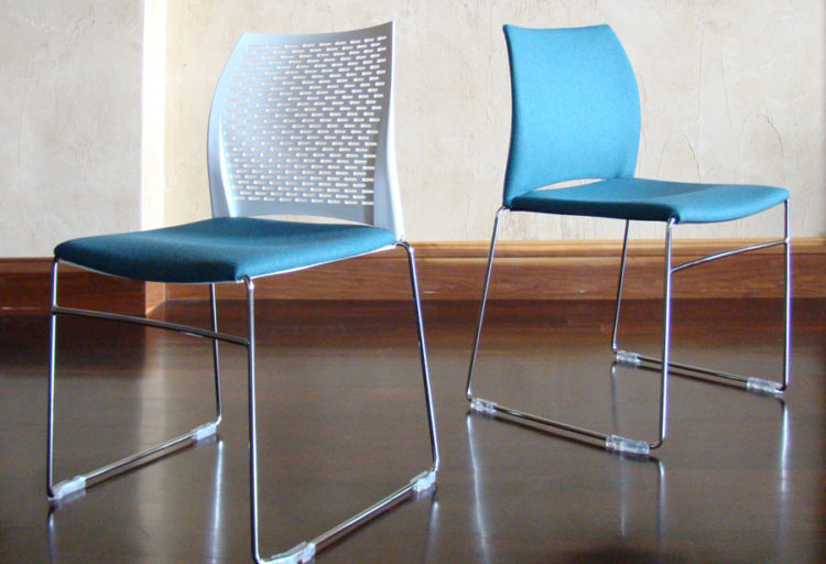 Hoopz Seating two chairs one perforated one upholstered in blue and gray