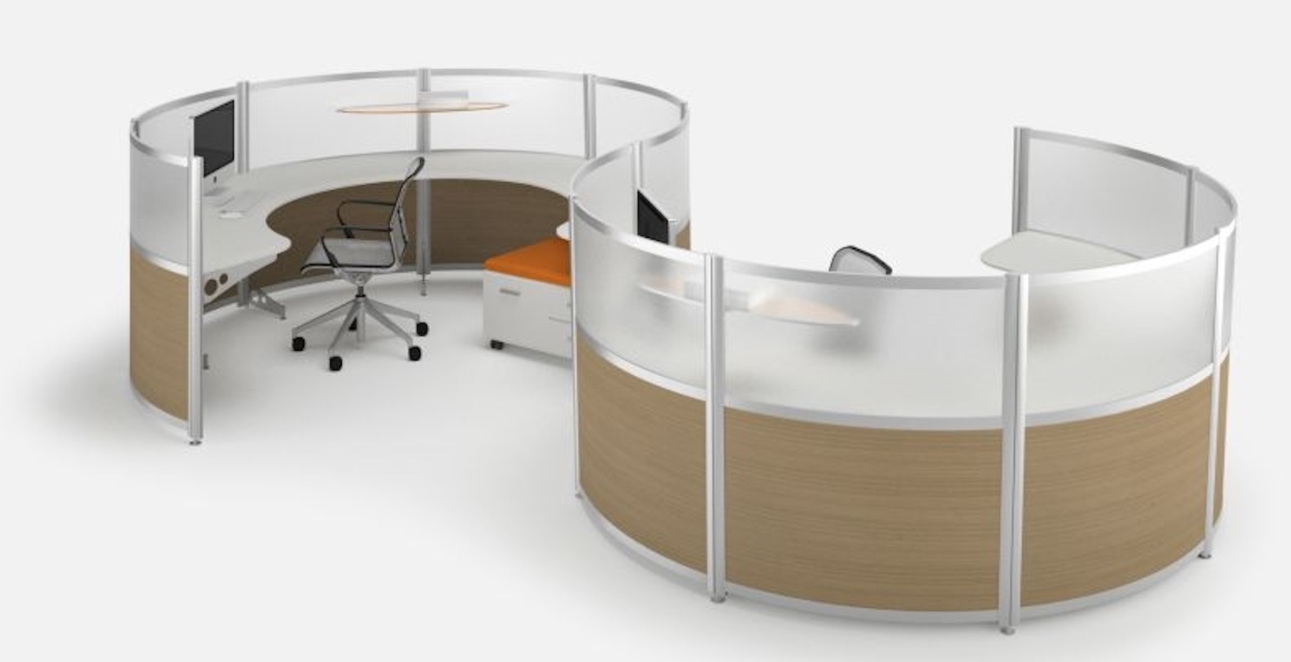 Fluid Concepts Orbit Workstation semi circular two linked stations with wood laminate