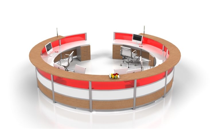 Fluid Concepts Orbit workstation linked circular reception area with laminate and red tinted panels