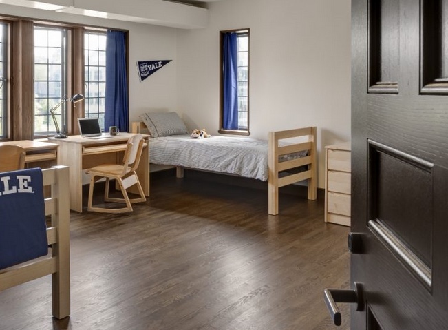 Yale dorm room with red oak wood plank flooring