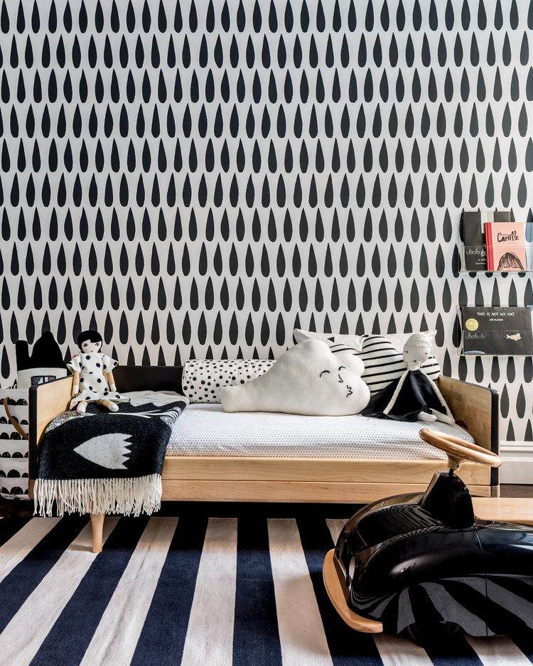 black and white kids room with graphic drop wallpaper