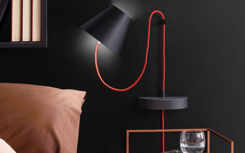 Ronda Design Lapilla Lamp one lamp on wall with red cable