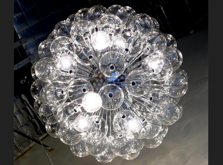 close-up view of handblown glass spherical pendant