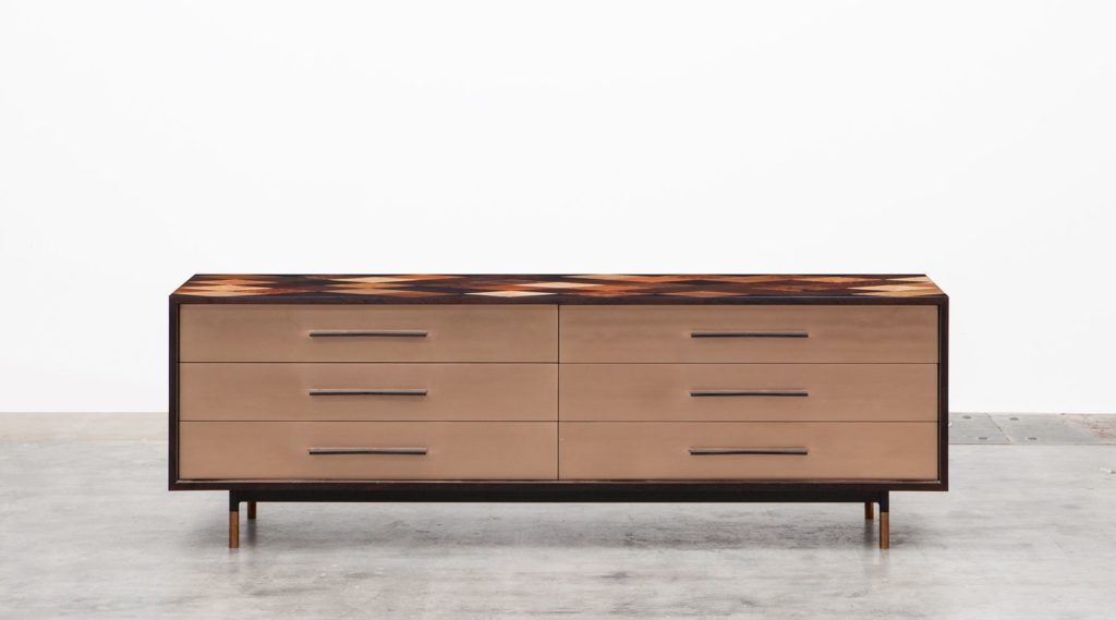 sideboard in wood with bronze drawer fronts and diamond pattern on top