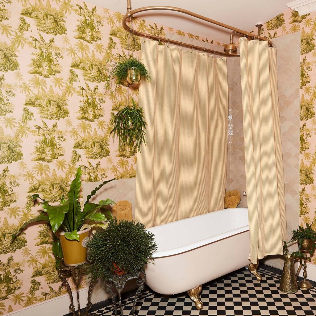 Sumatran Tiger Wallpaper blush and green color in bathroom