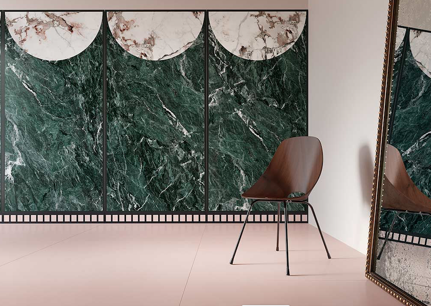minimalist room with green and white faux marble ceramic cladding on wall, one chair, and large floor mirror