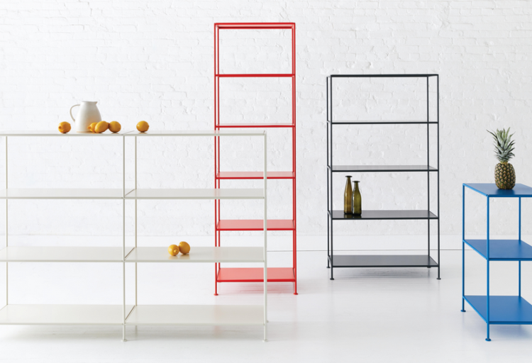 colorful slim metal shelving against white background