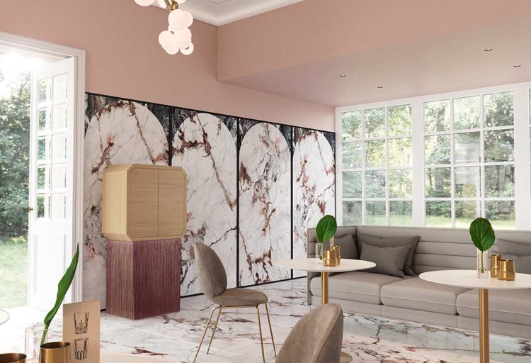 modern living room with ceramic faux marble walls