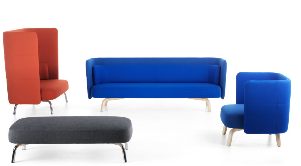 Portus Seating four pieces in royal blue, red, and gray
