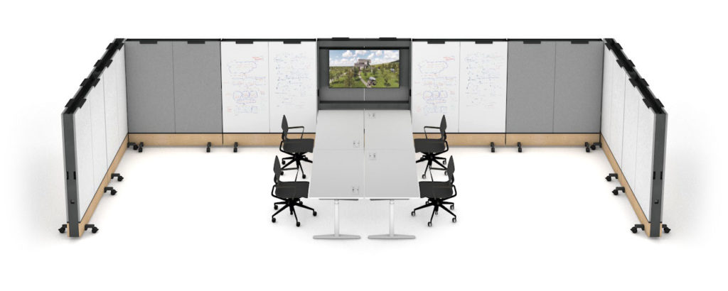 Vitra's Dancing Wall full partition on three sides with conference table in center