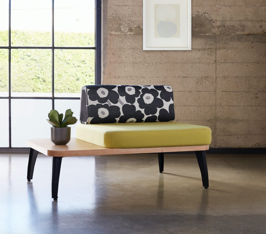 NeoCon Arcadia Seating Allsorts seating in yellow and black/white floral cushion