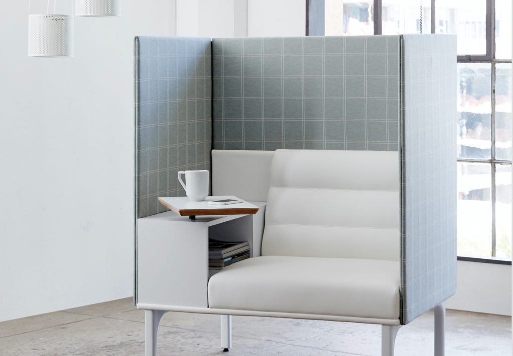 Arcadia Neocon Seating Iso privacy seating white upholstery with gray paneling