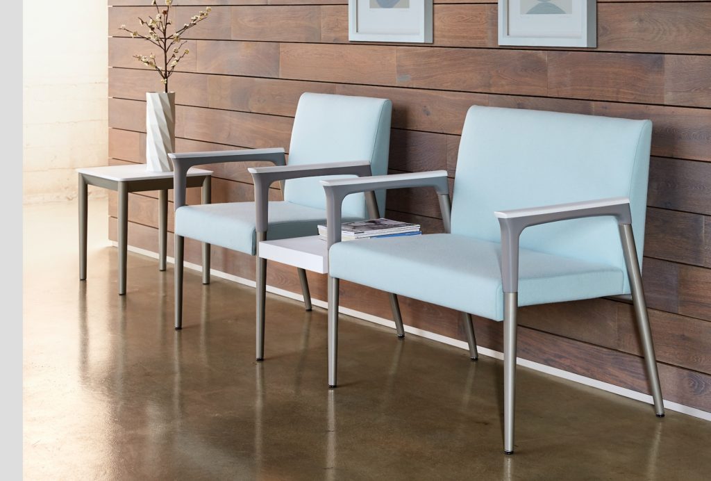 Arcadia NeoCon Seating Reprise chairs for healthcare in powder blue and metal