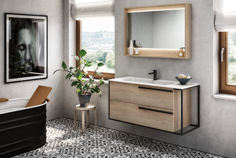 modern white bathroom with patterned black and white floor tile and light wood and matte black metal vanity
