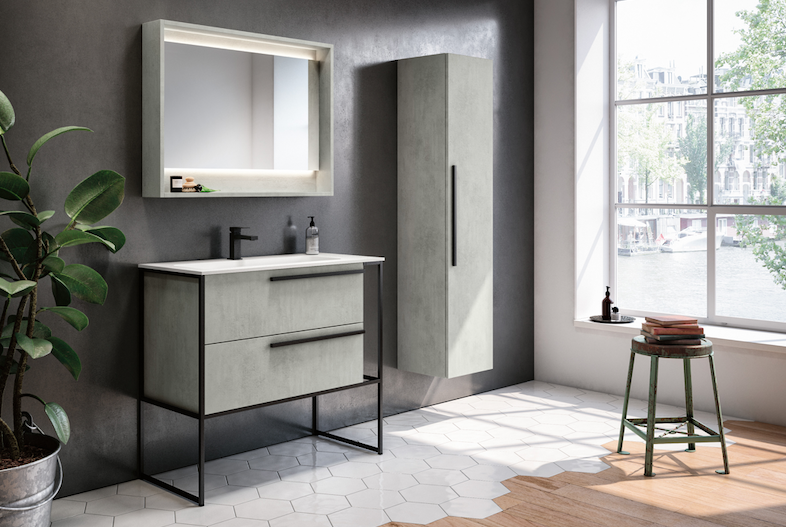 gray modern bath with light gray and black frame vanity and storage tower