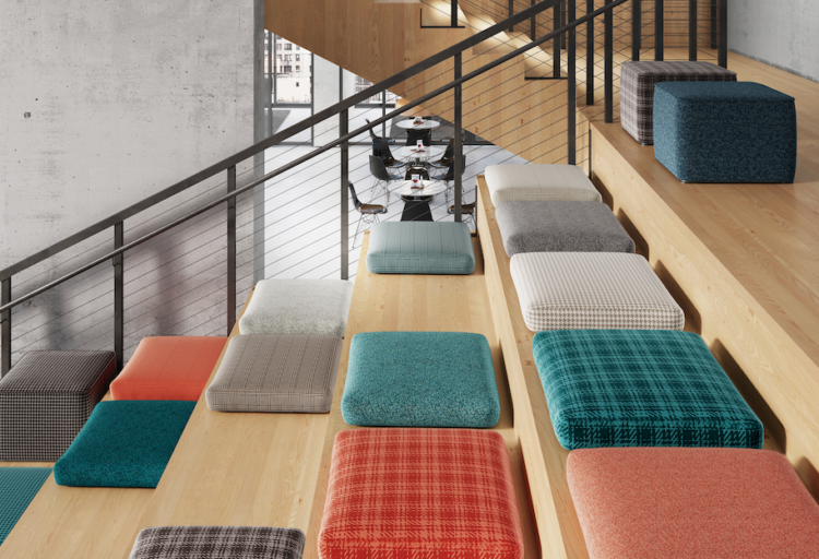 sleek wooden stadium seating with upholstered cushions in various colors and patterns