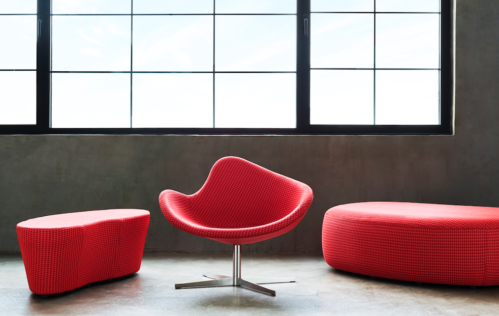 three curvy modern furniture pieces upholstered in red performance fabric