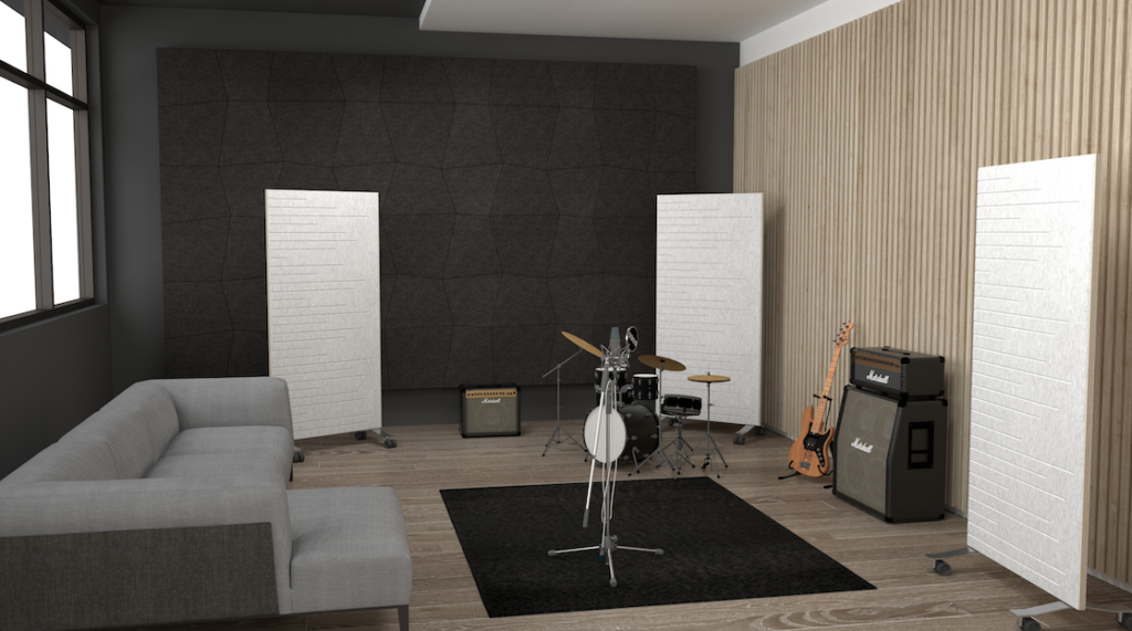 open modern music recording room with wood wall and sound-absorbing panels on wheels