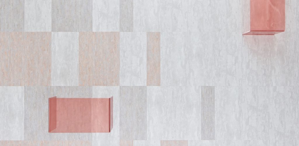 Patcraft Monochrome and Surface Tone Resilient Tile overhead view with white, gray, and pink tones of tile 