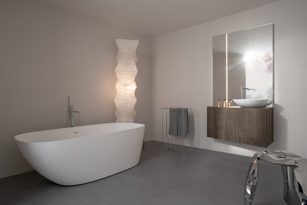 Inbani Forma Collection with white tub and basin and wood veneer vanity