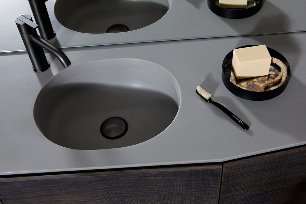 Inbani Forma Collection close-up of vanity tab with recessed basin in gray