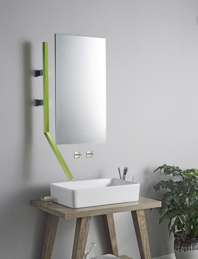 Isenberg Infinity Faucet in green to left of mirror