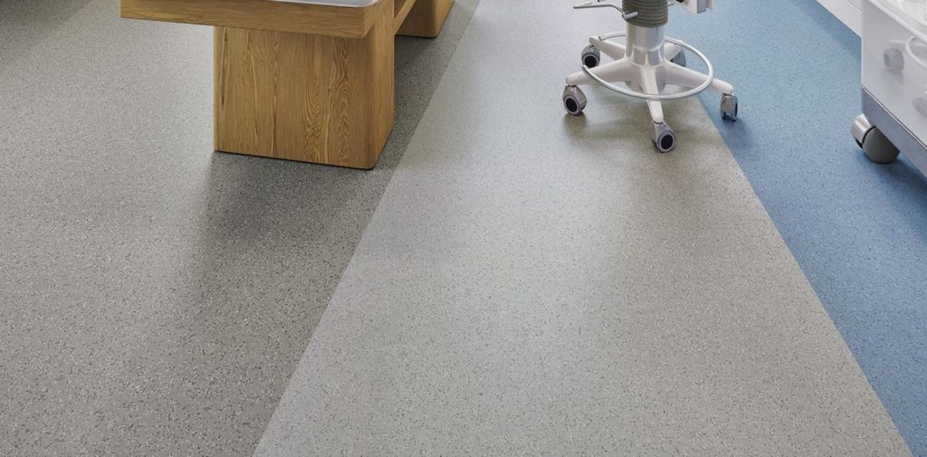 Mohawk Group True Hues collection of rubber flooring two shades of gray and light blue